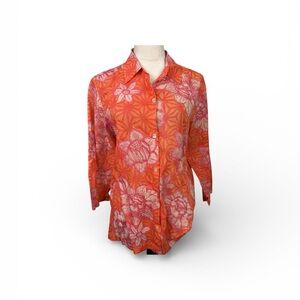 Sigrid Olsen vibrant orange Short Sleeve Top with pink floral print size medium